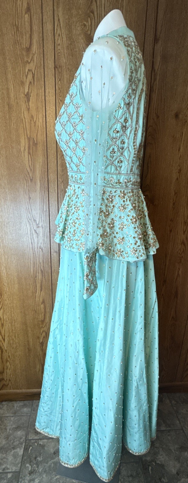 Pooja Peshoria Aqua Blue Kundan & Dabka Embellished Peplum Blouse W/ Lehanga Set