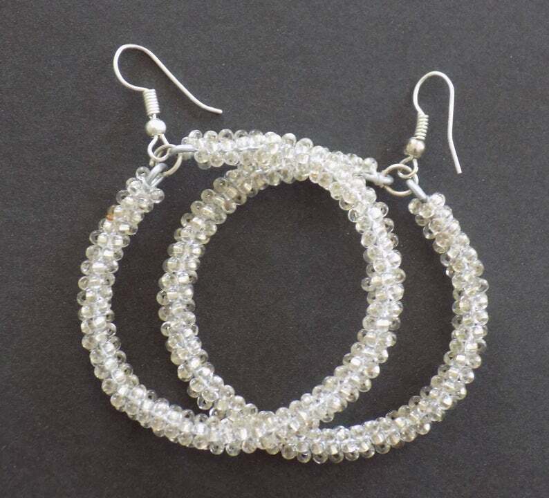 Handmade Mexican Huichol Hoop Earrings – Clear Beads – Aretes Artesanales