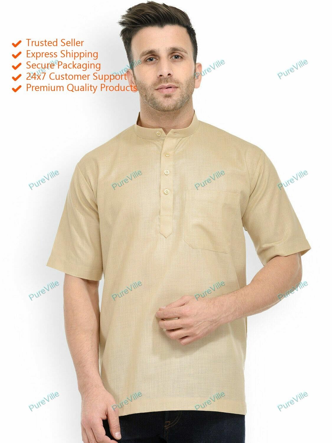 Mens Kurta Traditional Mens Wear Golden Cotton Solid Kurta Half Sleeve S 7XL