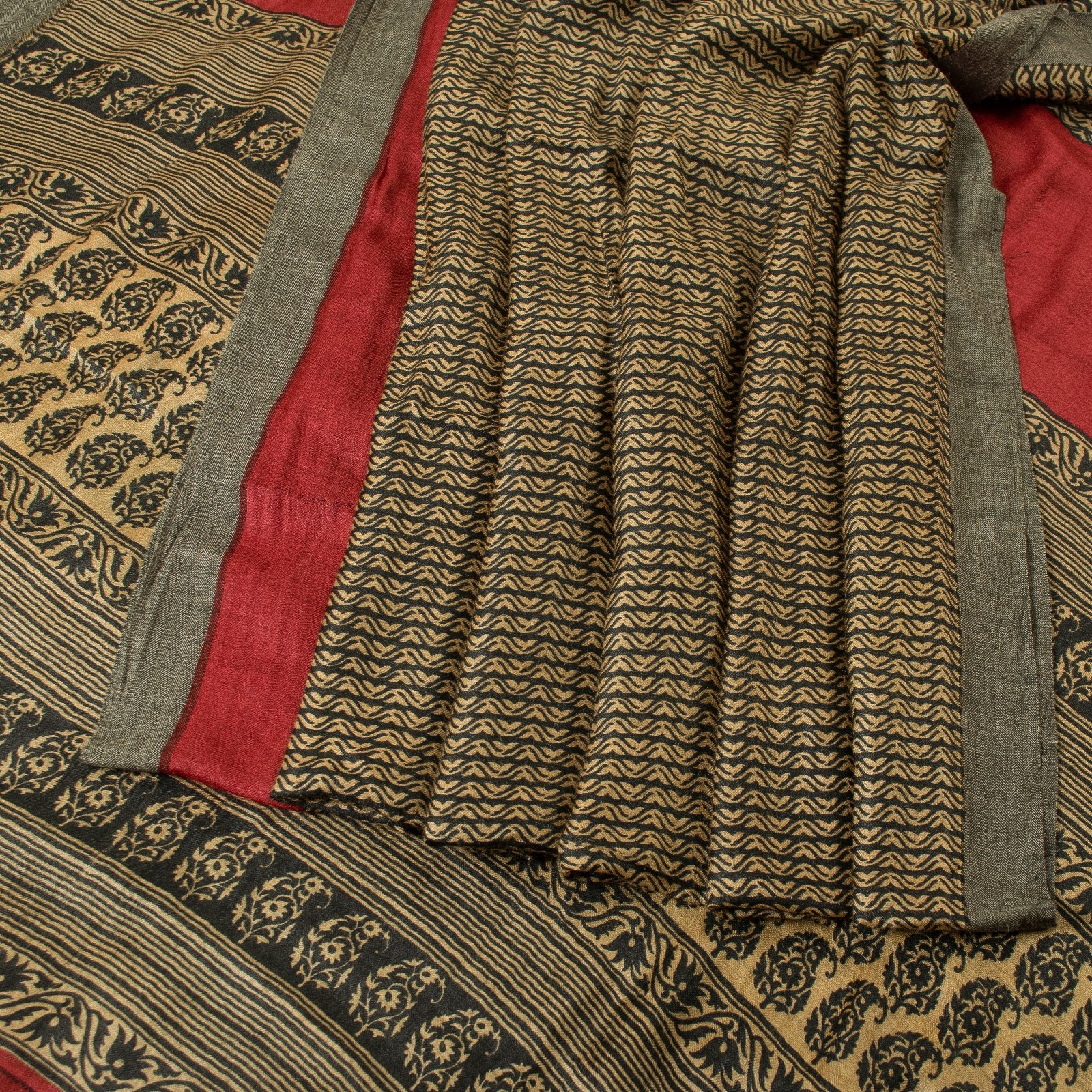 Sanskriti Vintage Sarees Brown & Black Block Printed Pure Woolen 5+Yd Warm Sari