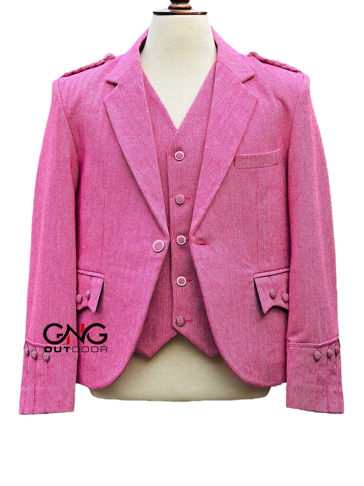 Men’s Scottish Pink Tweed Argyle Style Jacket with 5 Button Vest Size 34′ to 54″