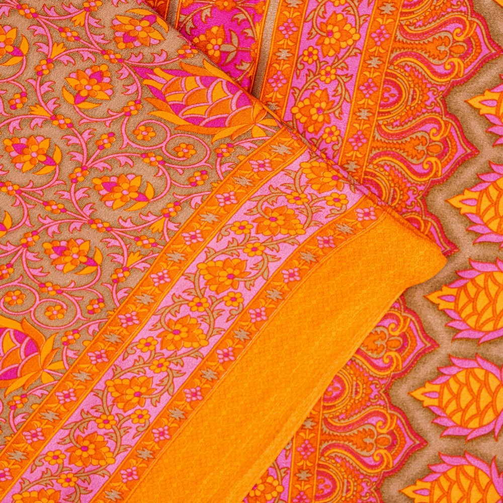 Sanskriti Vintage Sarees Craft Orange & Pink Floral Print 5+Yd Moss Crepe Sari