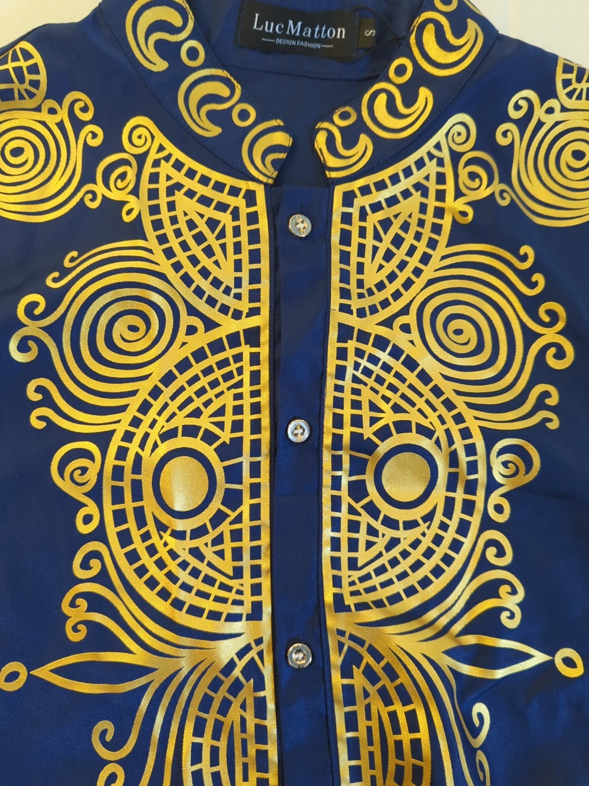 New LUC MATTON Tunic Shirt Men S African DASHIKI Tribal Blue Gold Long Sleeve