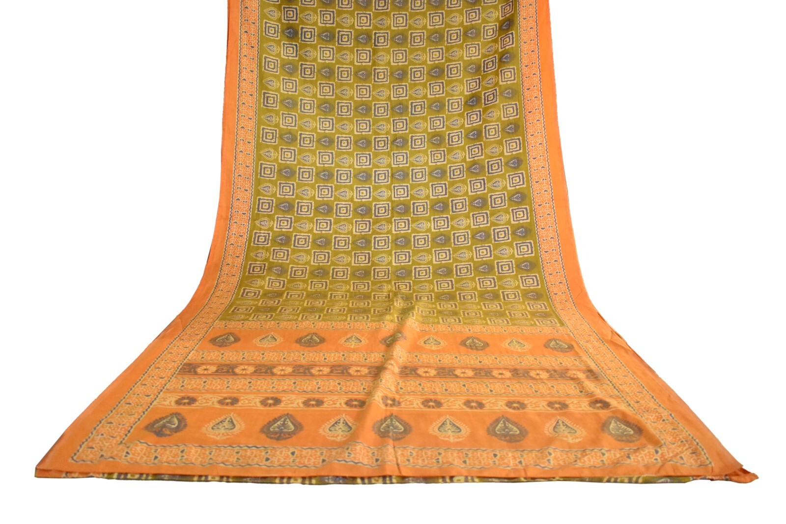 FNC Vintage Green Sambalpuri Ikat Sarees Handwoven Art Silk Sari Fabric Antique