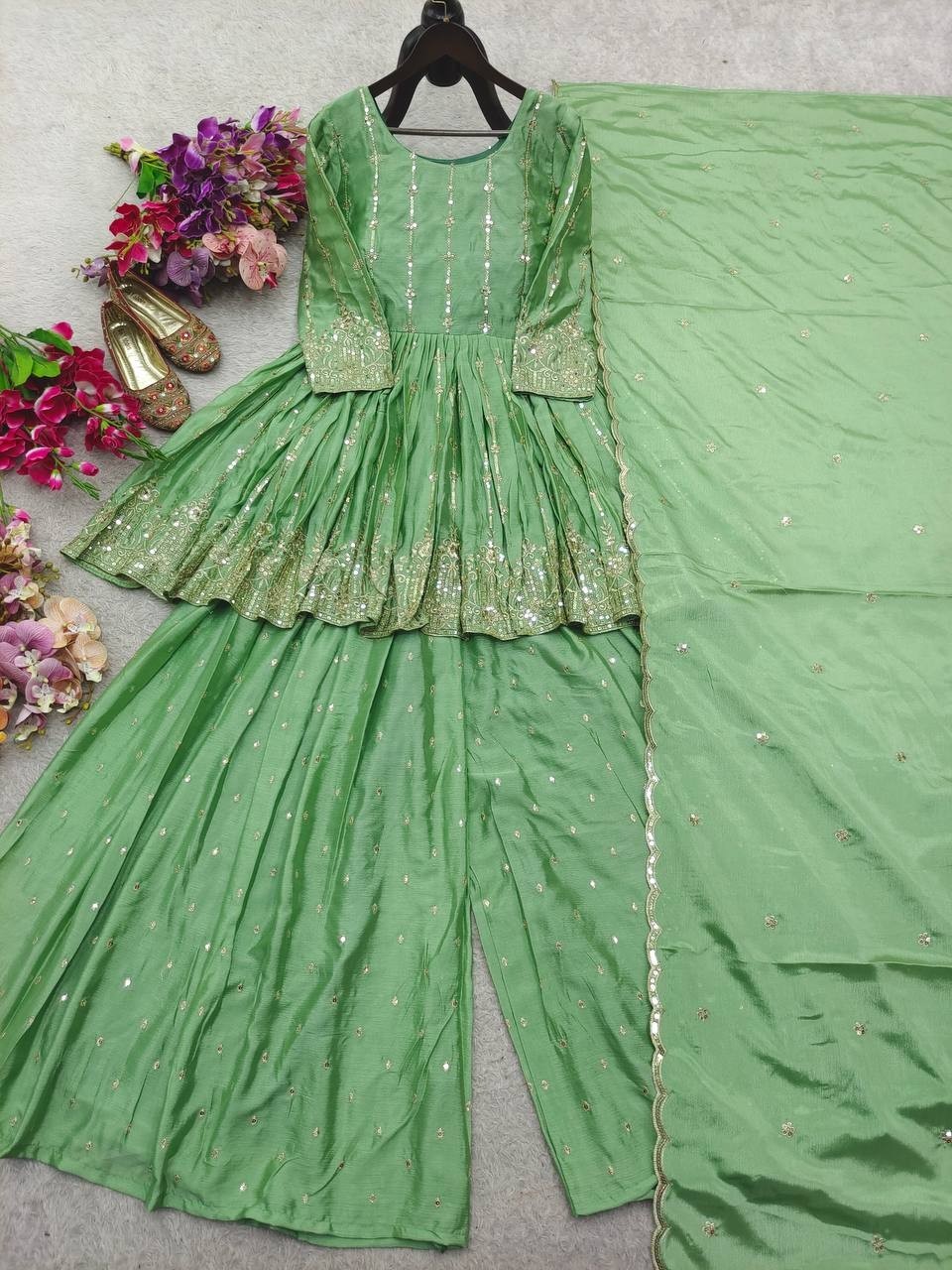 Unique Designer Chinnon Silk Kurta Palazzo With Dupatta For Women