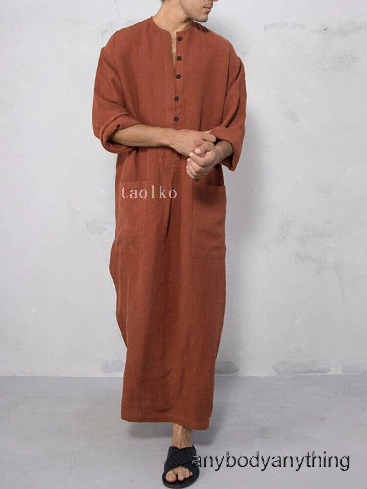 Mens Cotton Muslim Clothing Long Sleeve Islamic Saudi Arab Kaftan Robe Loose Fit