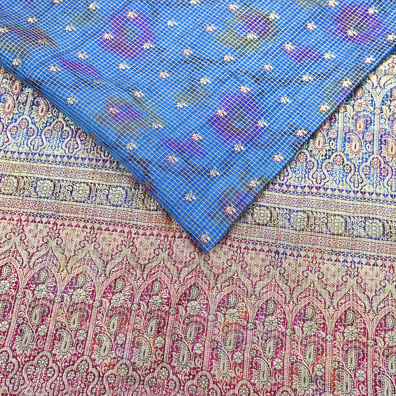 Indian Vintage Blue Heavy Sari Pure Satin Silk Woven Banarasi Tanchoi Saree 5yd