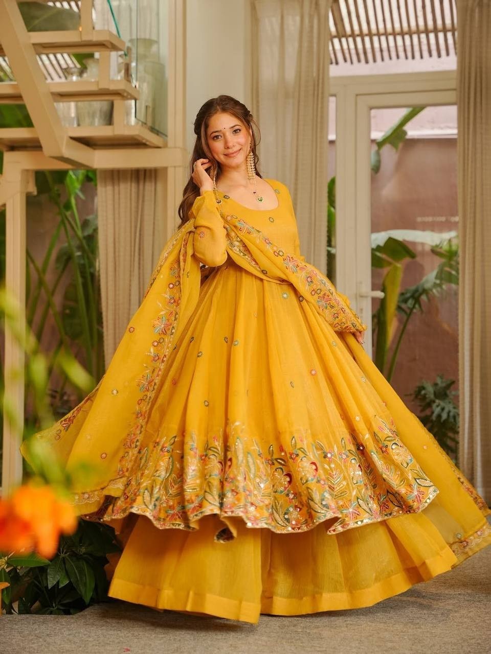 Haldi Pithi Yellow Anarkali Gown Wedding ceremony Wear Gown Palazzo Suits