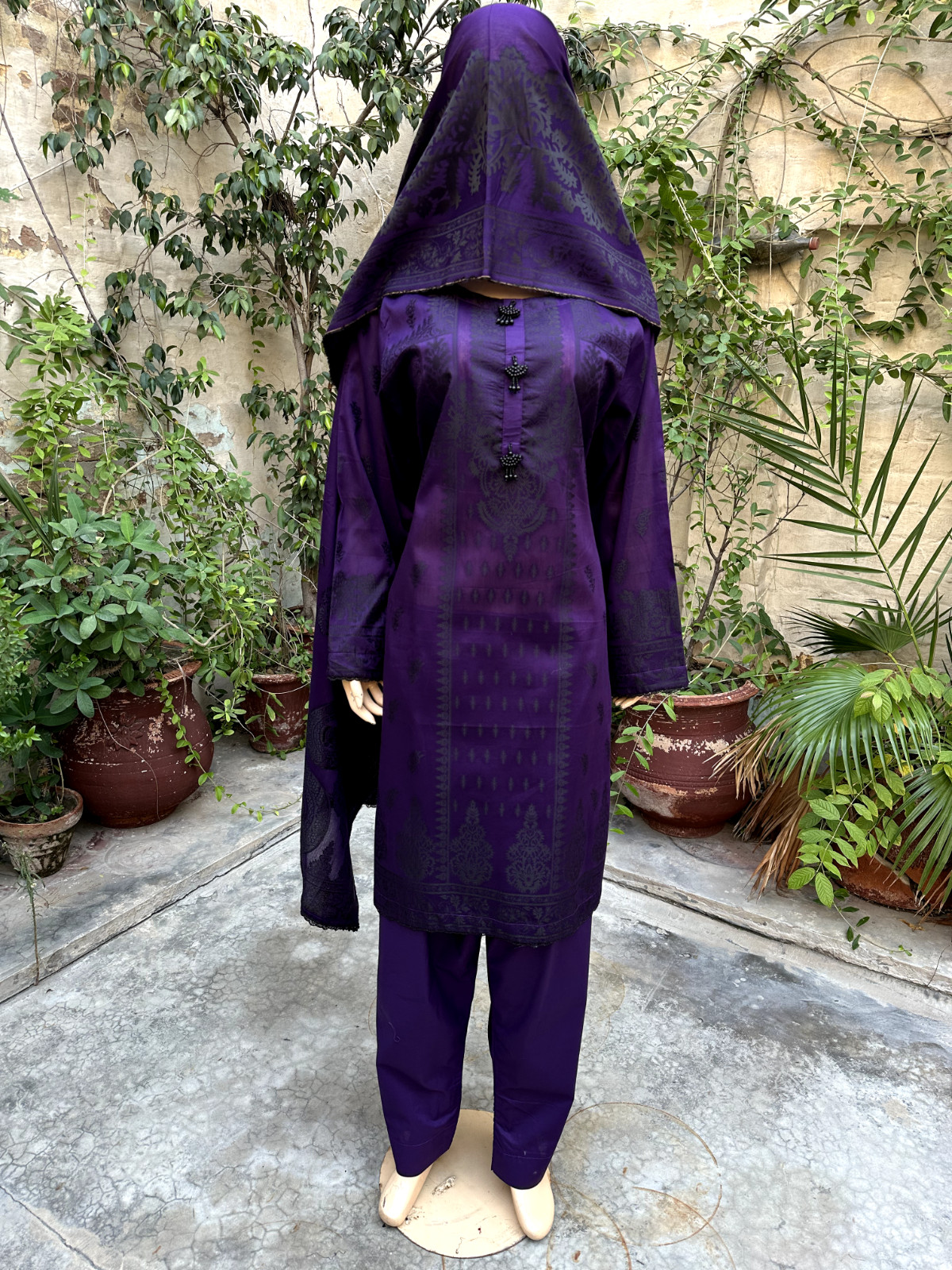 Pakistani Dark Purple straight style Shirt 3-PCS banarsi Lawn Dress,L
