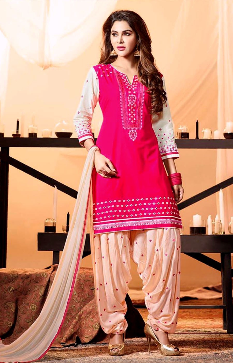 DPINK-CREAM COTTON w EMBR INDIAN READYMADE LADIES PATIALA SALWAR KAMEEZ SUIT SNJ