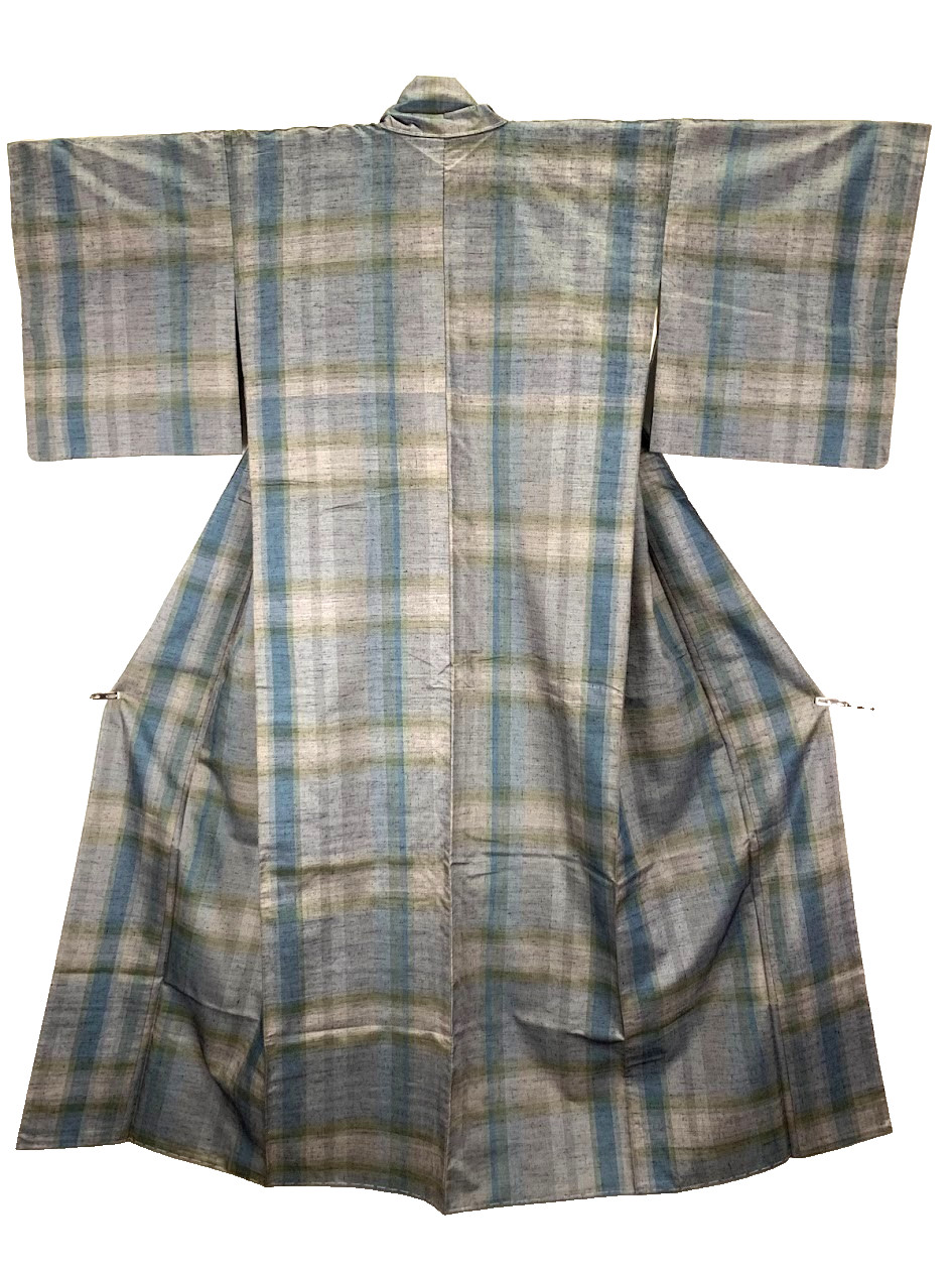 Vintage Japan Tsumugi Kimono Blue Gray Stripe Pattern Pure Silk Casual Size M