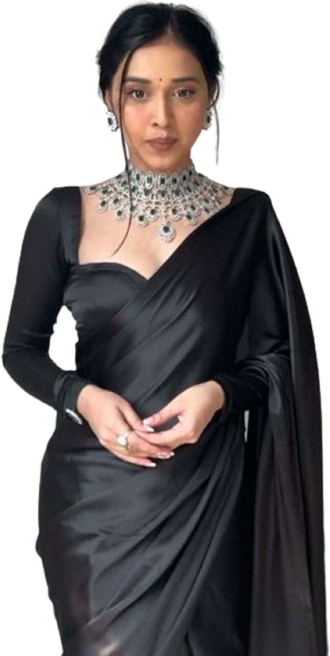 Solid/Plain Bollywood Satin Saree (Black)