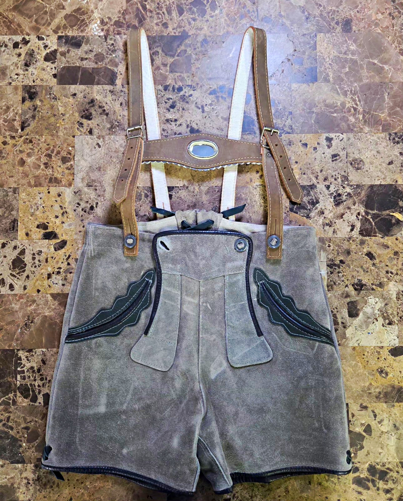 Boys Gray Suede Leather Lederhosen Shorts with Suspenders, One Size