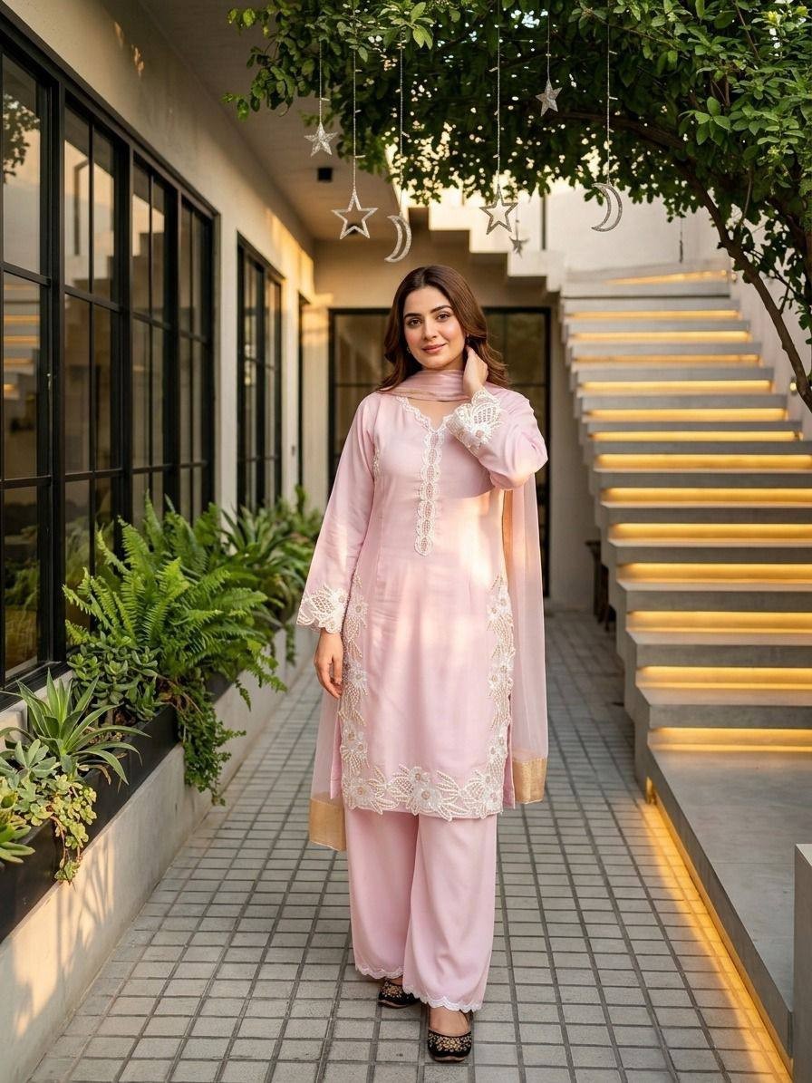 Presenting Light Pink Natural Silk Top Palazzo With Dupatta For Function Wear