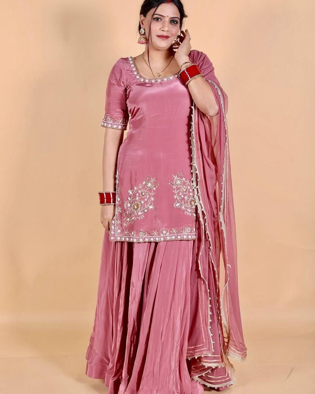 DESIGNER HEAVY NATURAL CREAP EMBROIDERED SEQUENCE WORK WITH FANCY TOP SHARARA D