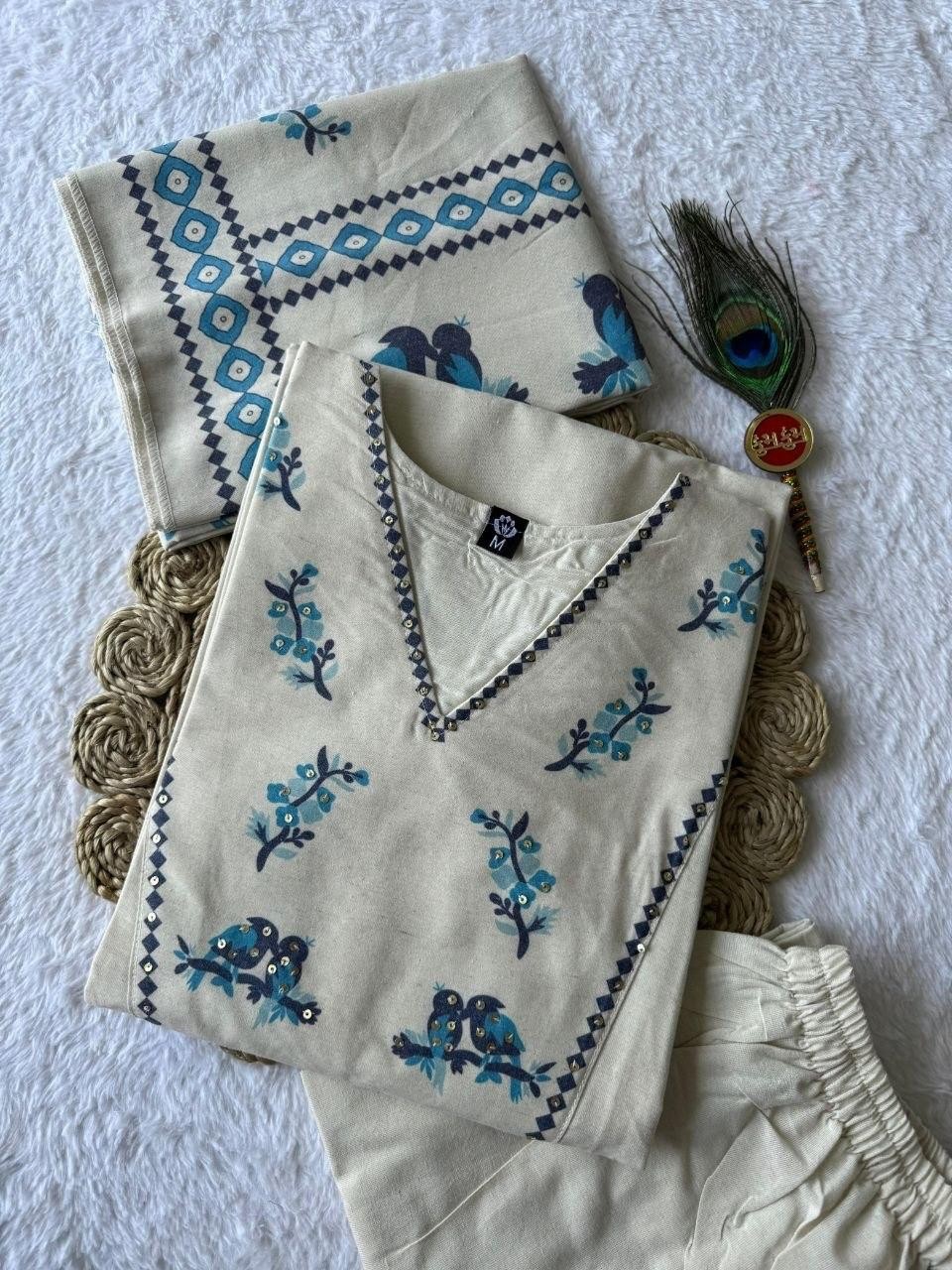 Women Ethnic Khadi Cotton Kurti Pant Dupatta Set Digital Print Sequin Work