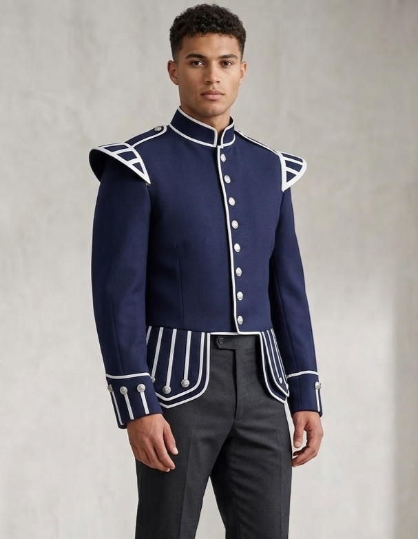 Men’s Scottish Blue Doublet Kilt Jacket Military Uniform Doublet Drummer Coat