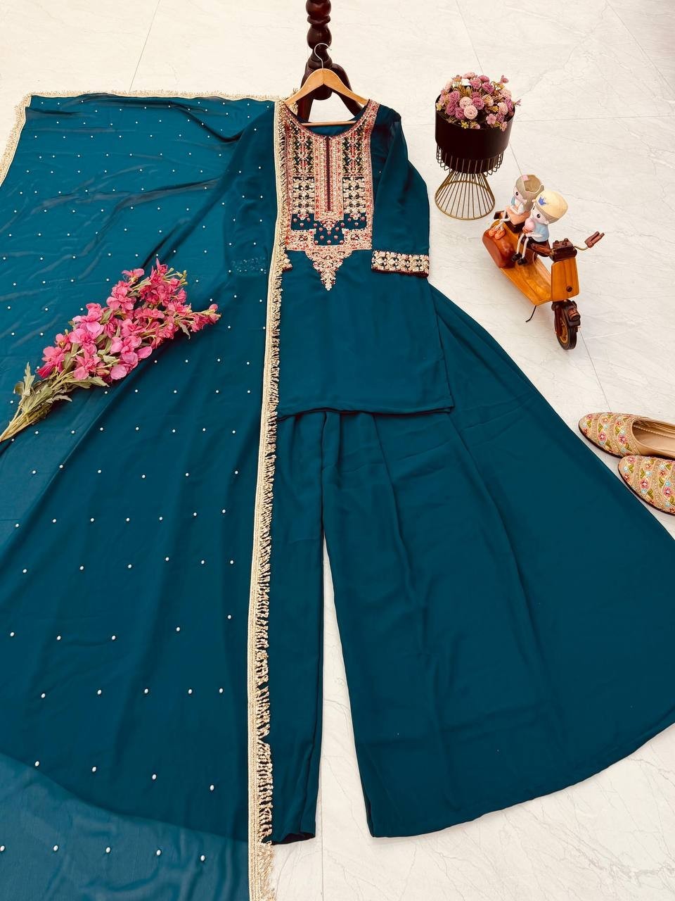 Presenting Faux Georgette Teal Green Top Palazzo With Dupatta For Party Wear