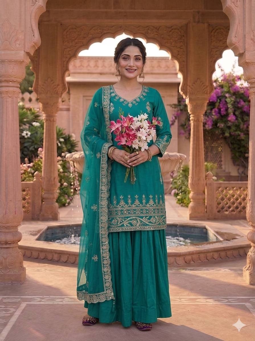 Presenting Teal Green Natural Crep Top Lehenga With Dupatta For Festival Wear