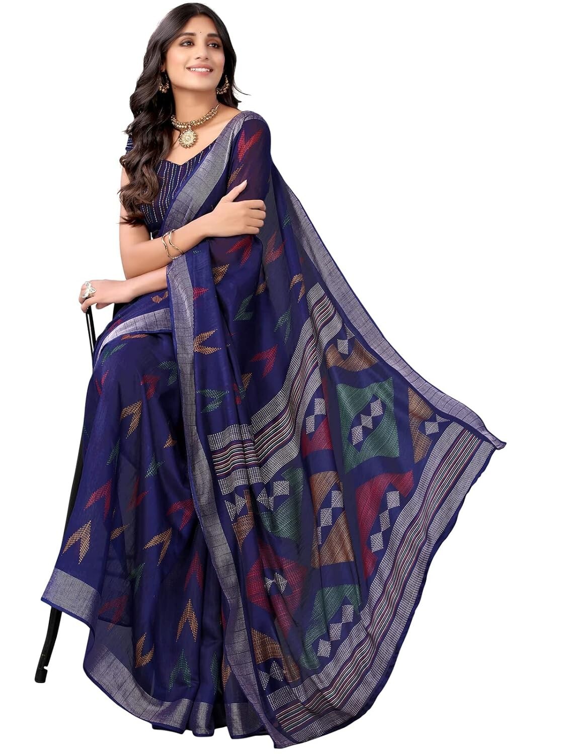 Women’s Cotton Blend Tribal Art Warli Printed Designer Saree with Blouse Piece