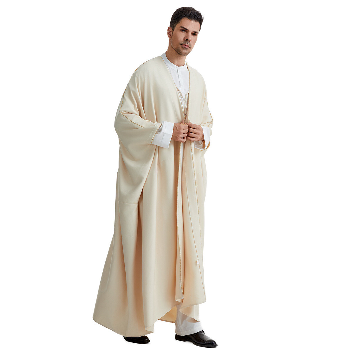Saudi Arab Men Solid Color Open Kimono Batwing Robe Muslim Abaya Ramadan Prayer