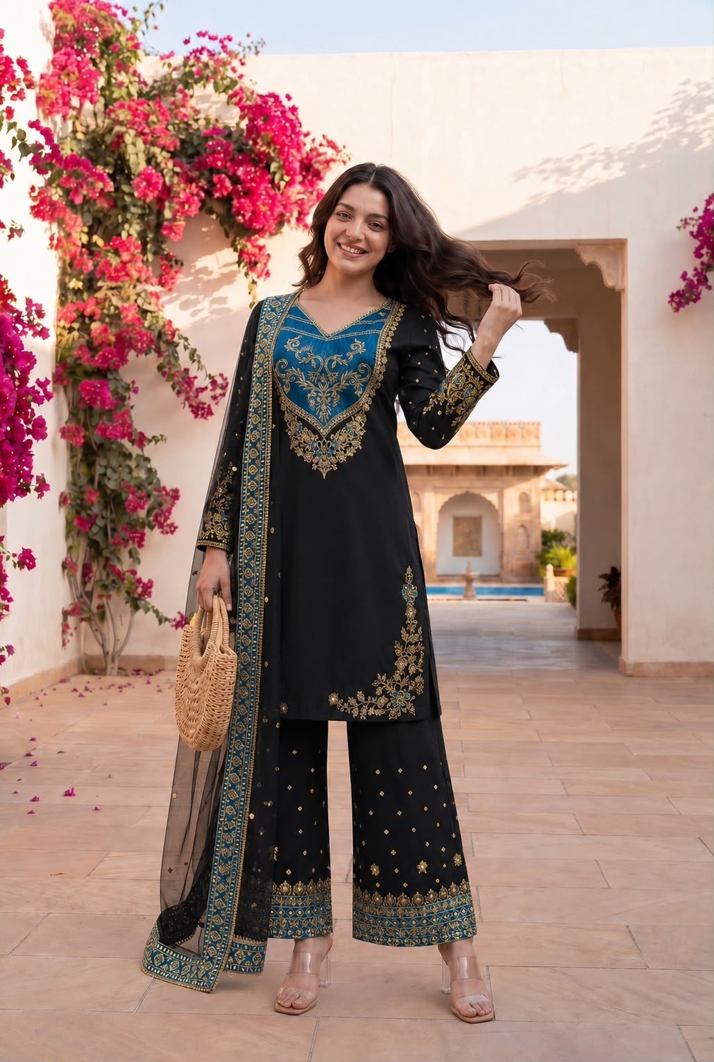 Black Designer Salwar Kameez Palazzo Dupatta Set Embroidered Party Wear Suit