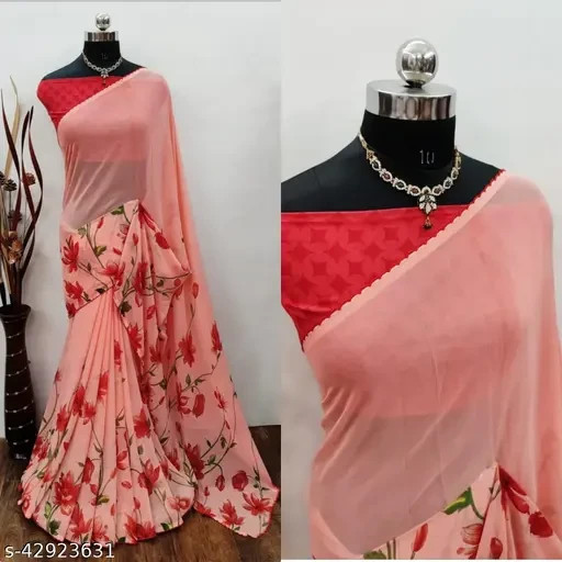 Women’s Georgette Lace border Saree With Separate Blouse piece