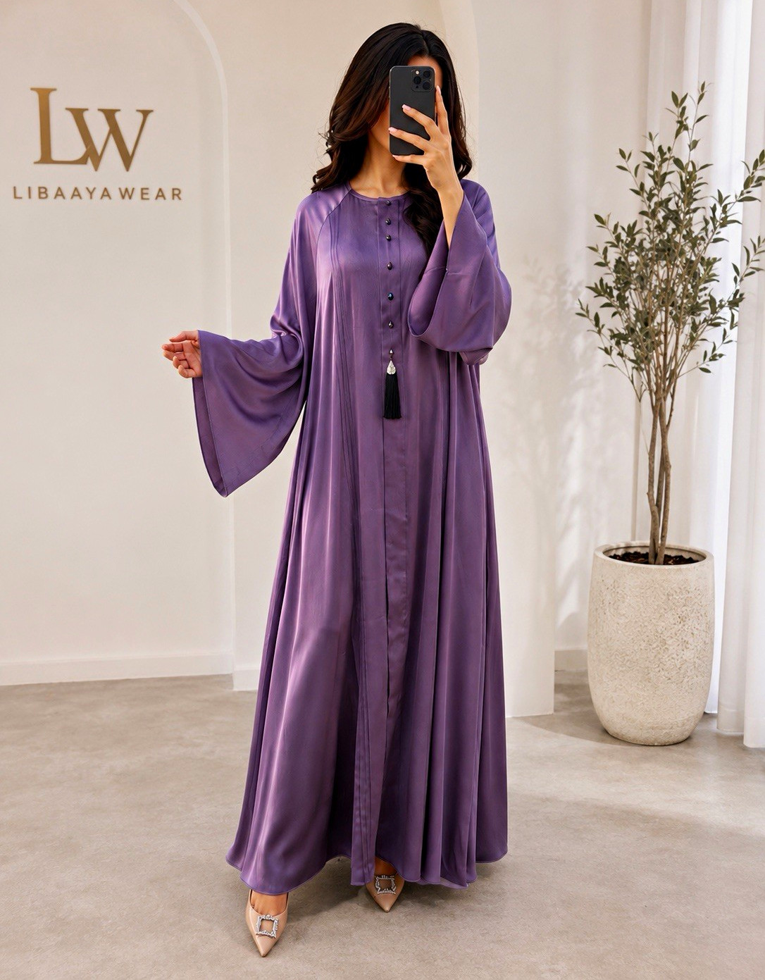 Libaayawear Women’s Purple/Black Kaftan Maxi Dress Button Front Tassel One Size