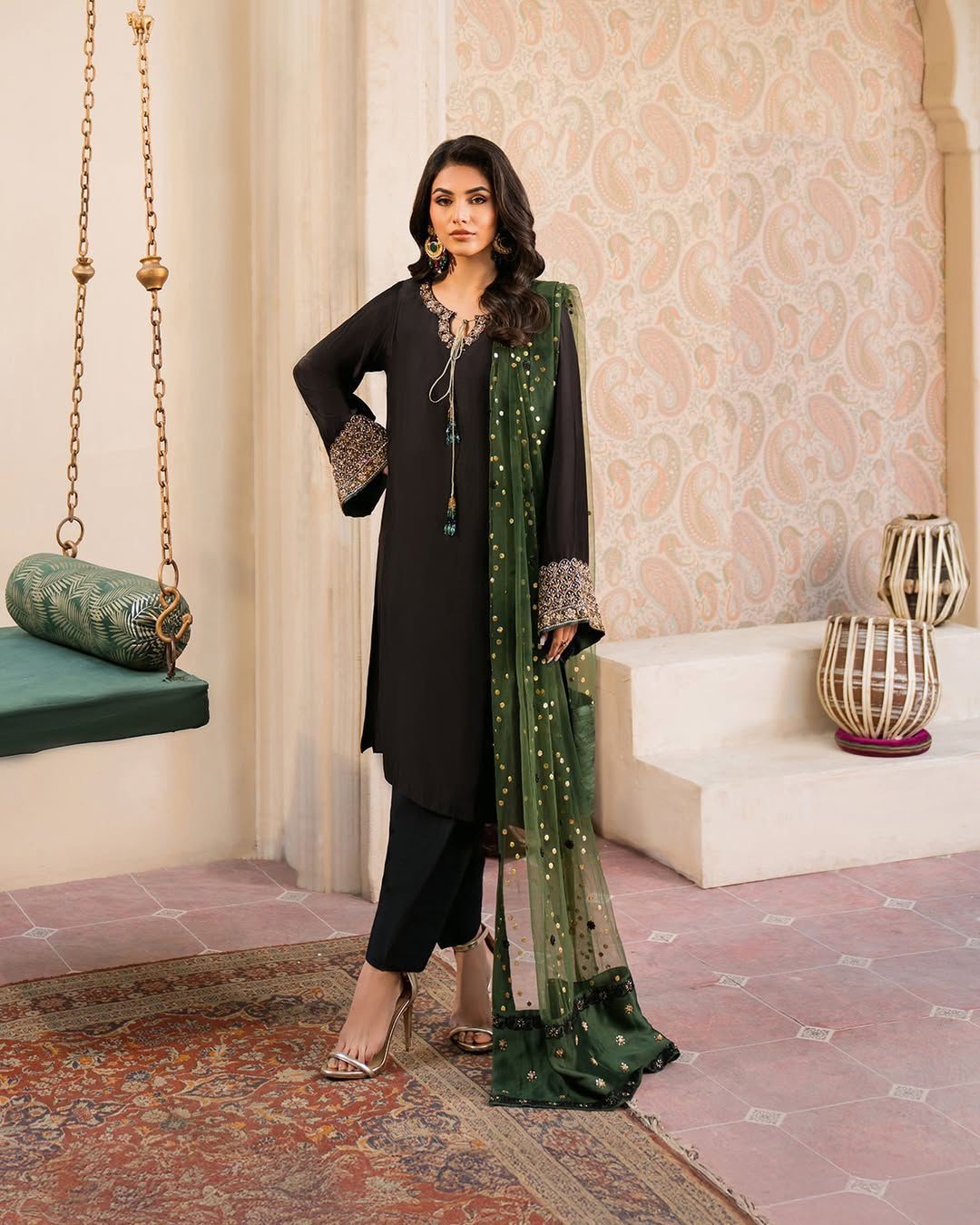 Designer French Crepe Silk Kurti Pant Set with Embroidered Organza Dupatta