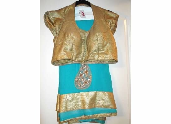 indian wedding saree sari aqua blue embroidery gold border 