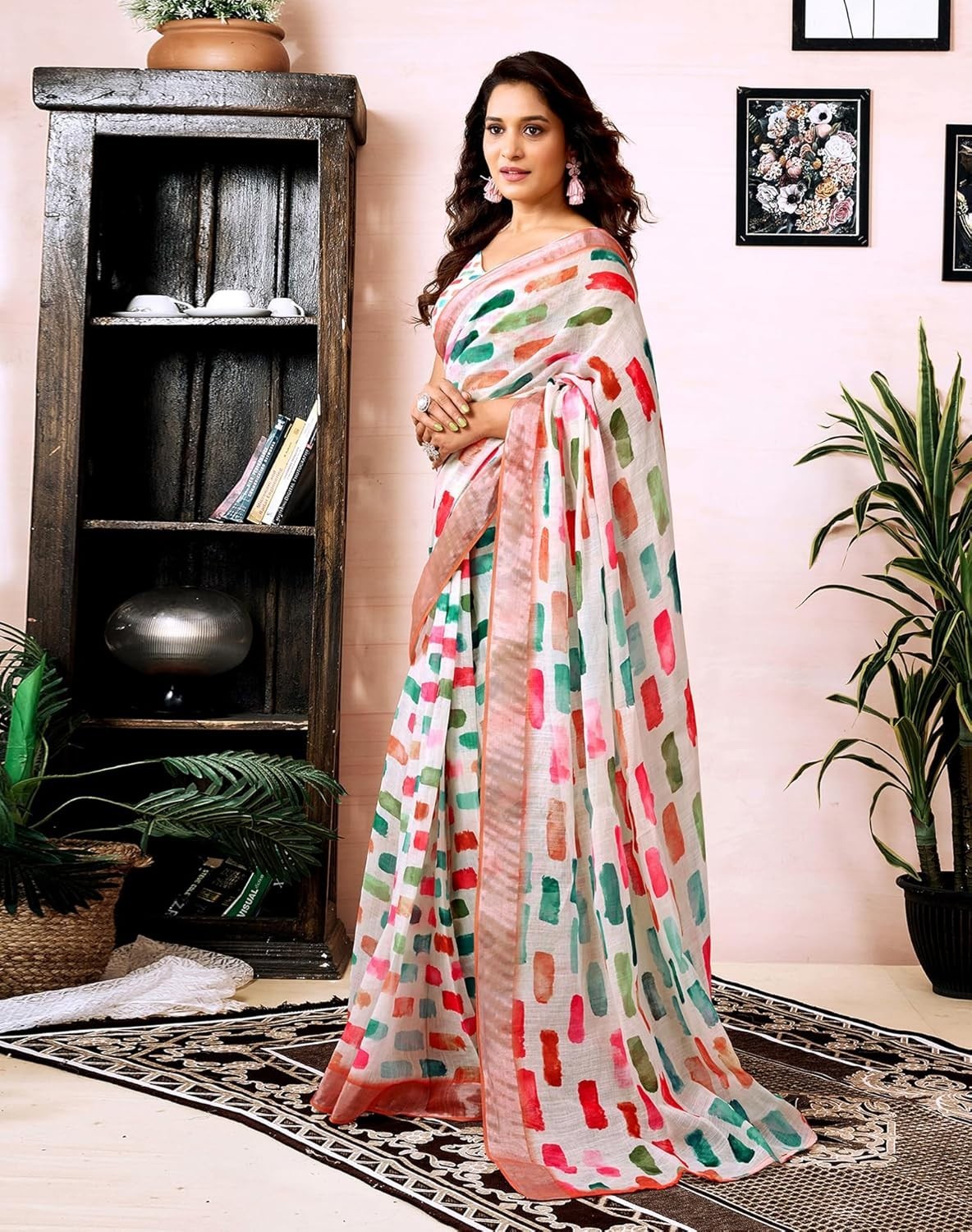 Women’s Cotton Linen Printed Ready To Wear With Pocket Saree with Blouse Piece