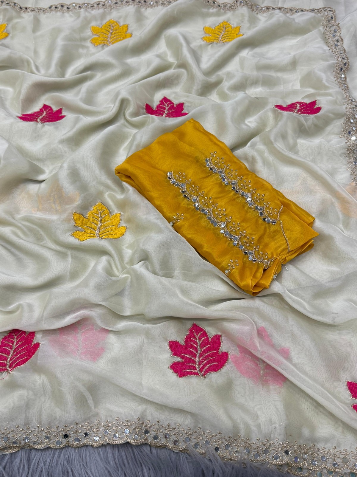 Chiffon Saree Mirror Work Sequin Embroidered Indian Party Wear Women Blouse Set
