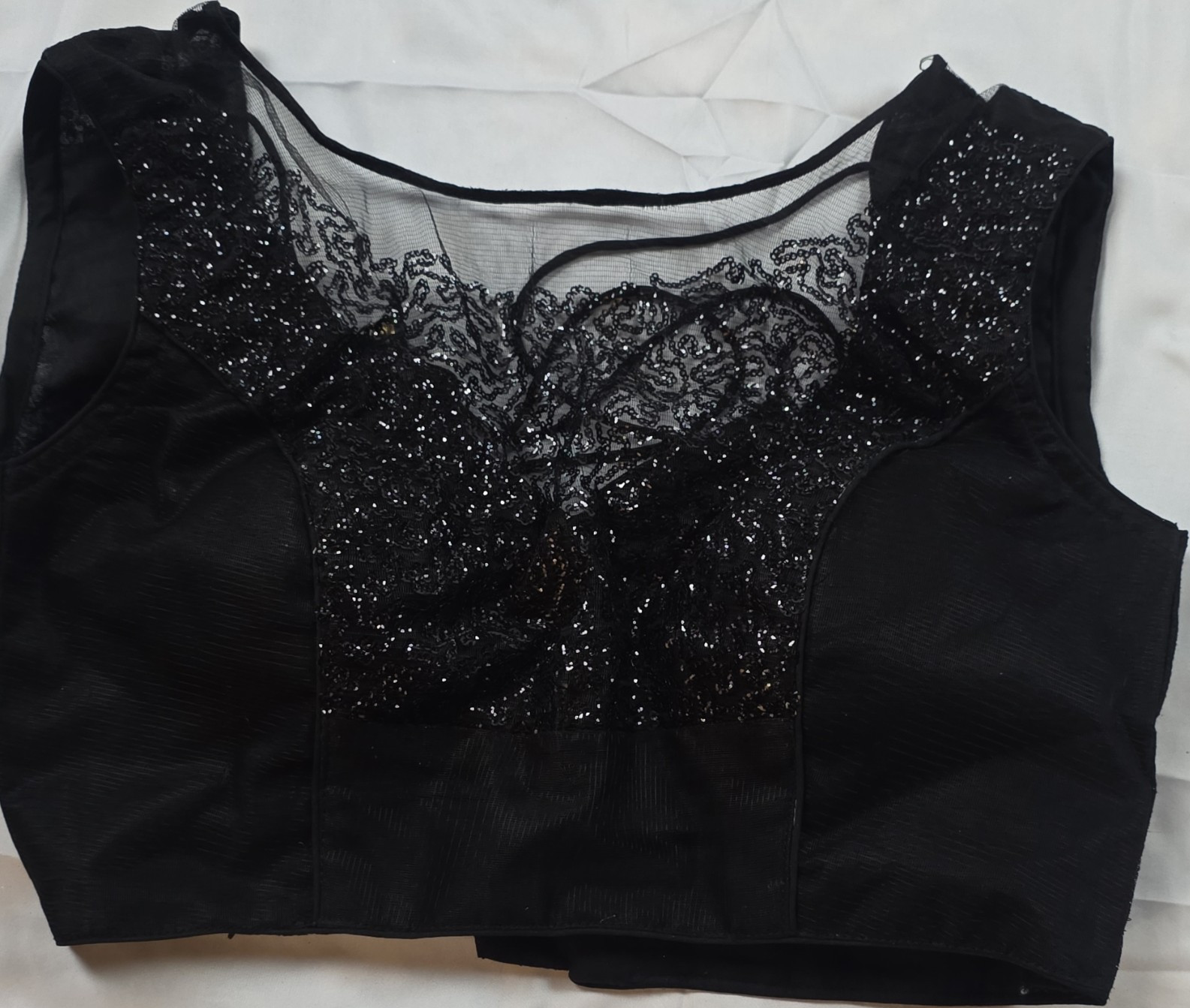 Black Embroidered Sheer Choli Blouse for Women, Lace Detailing and Tie Back