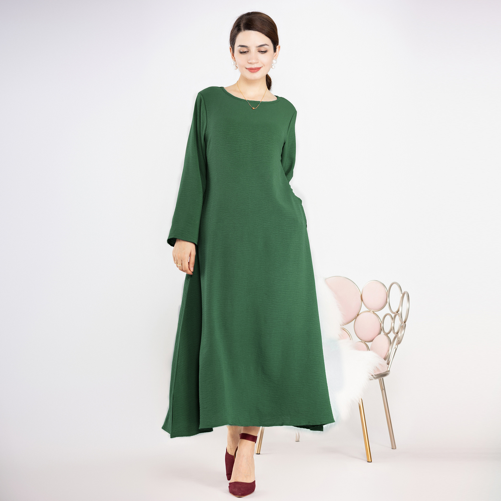 New Muslim Womens Simple Solid Color Long Sleeve Abaya Loose Robe Kaftan