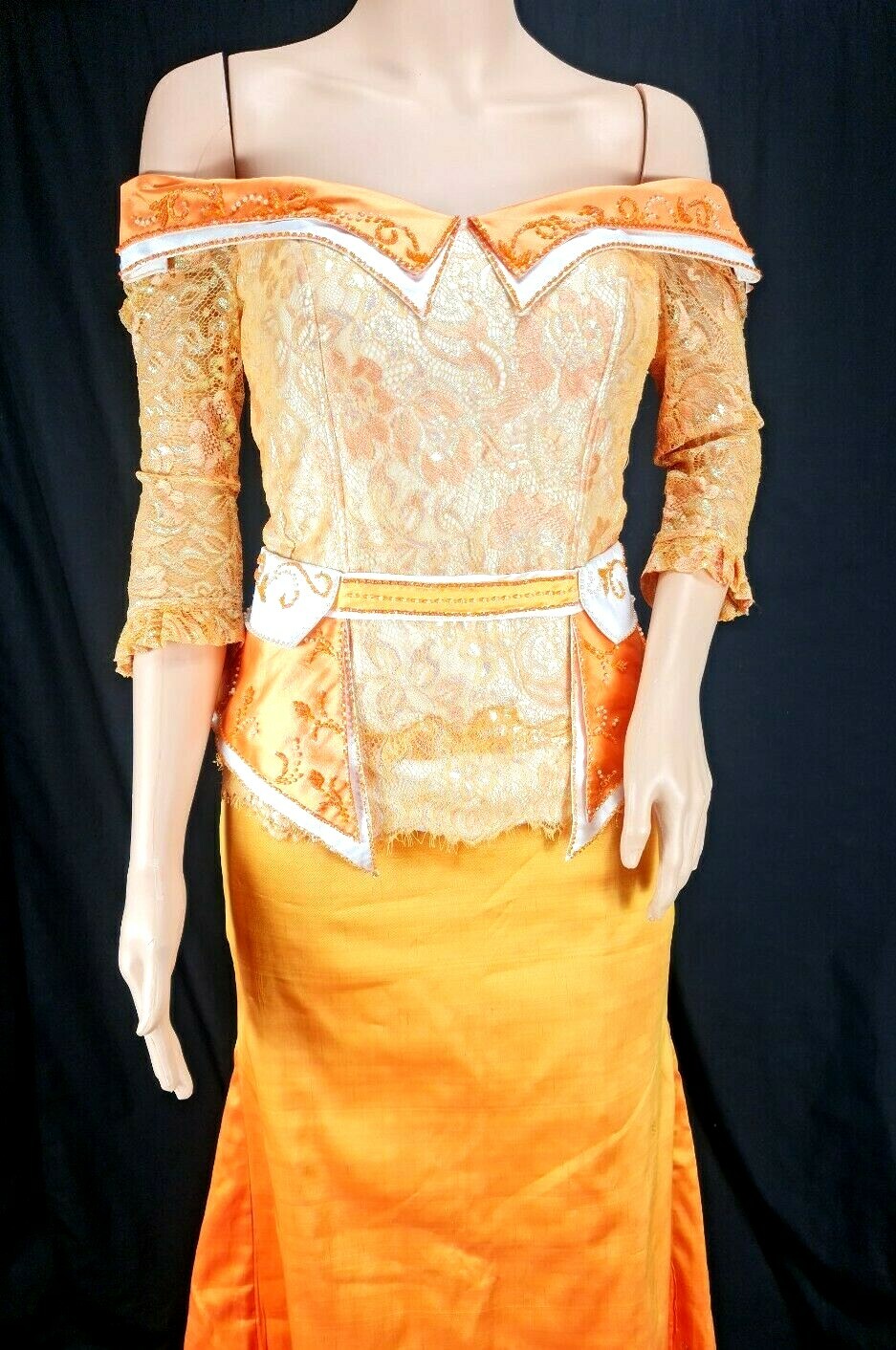 Cambodia Khmer Traditional Out fit Women Size M Gold Lace Pamong Mermaid Skirt