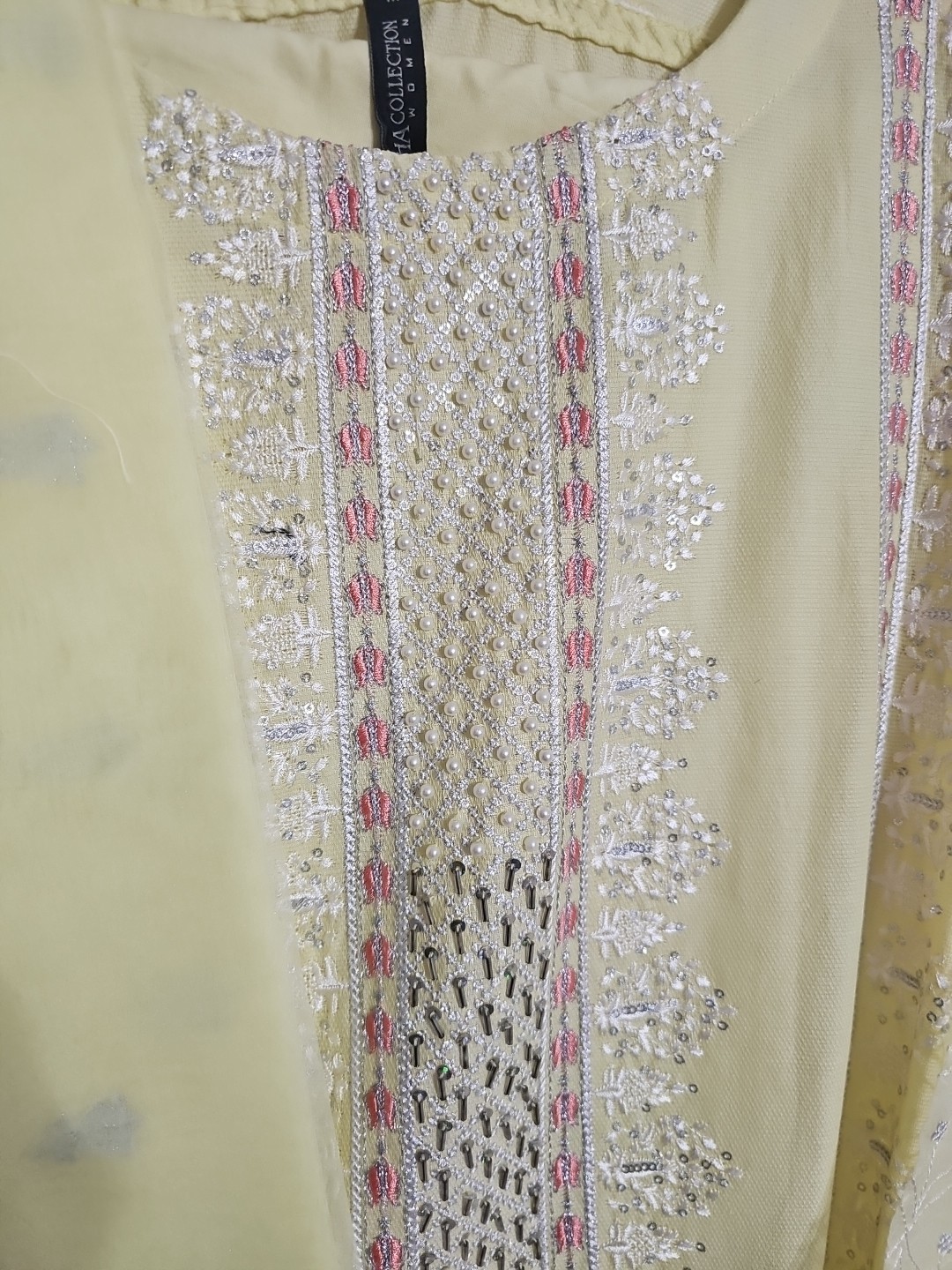 Shalwar Kameez 3-Piece Set Lemon/Yellow with Beads Khadi Net