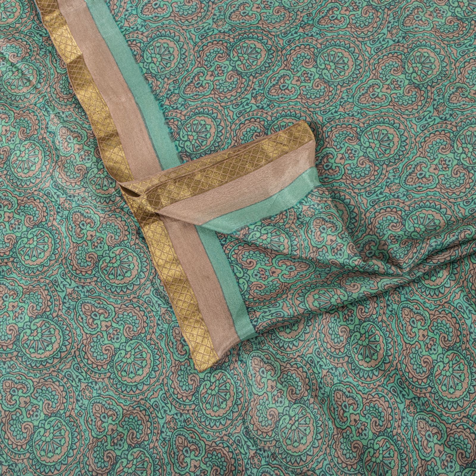 Sanskriti Vintage Saree Green Soft Pure Silk Floral Printed Sari 5.5+Yd Fabric