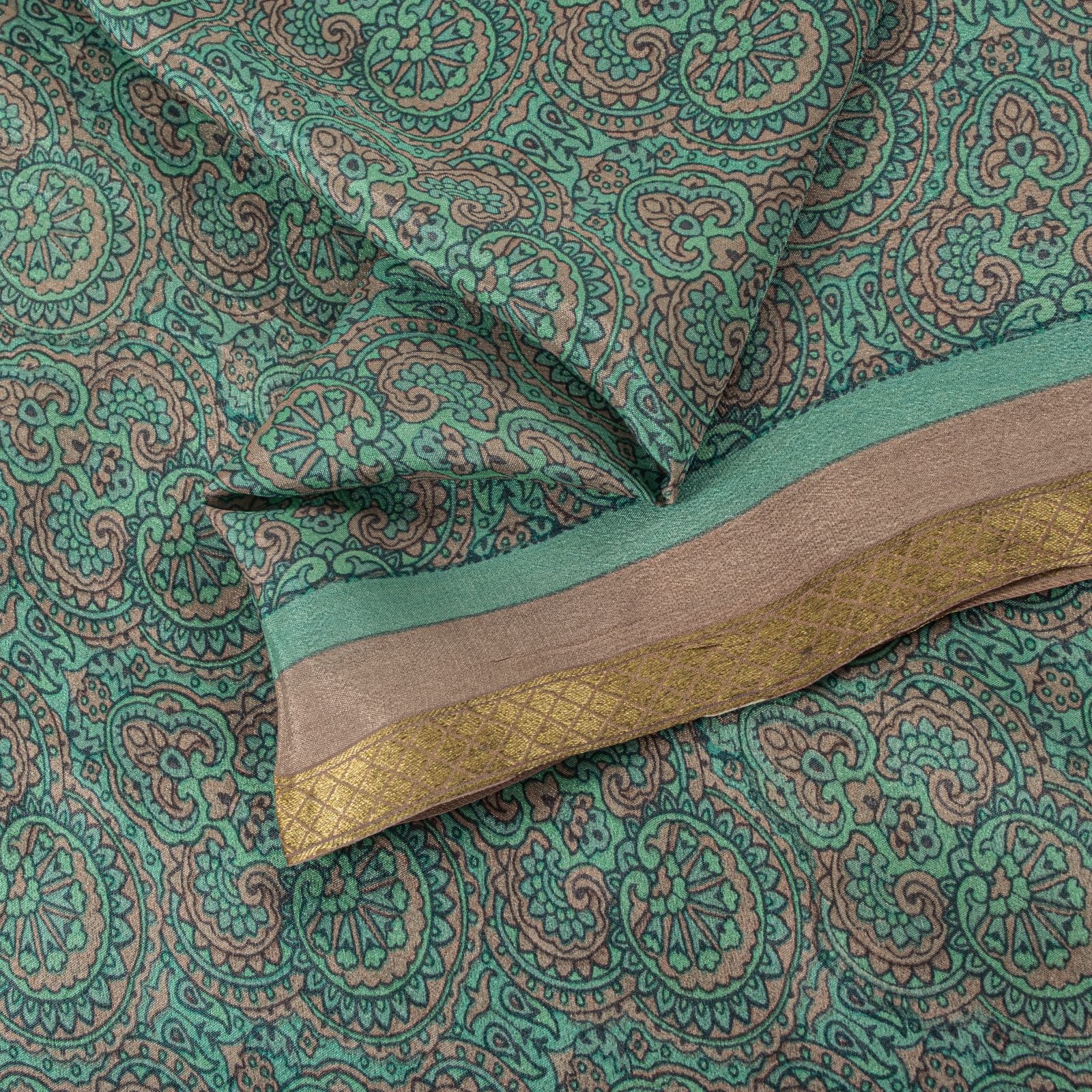 Sanskriti Vintage Saree Green Soft Pure Silk Floral Printed Sari 5.5+Yd Fabric