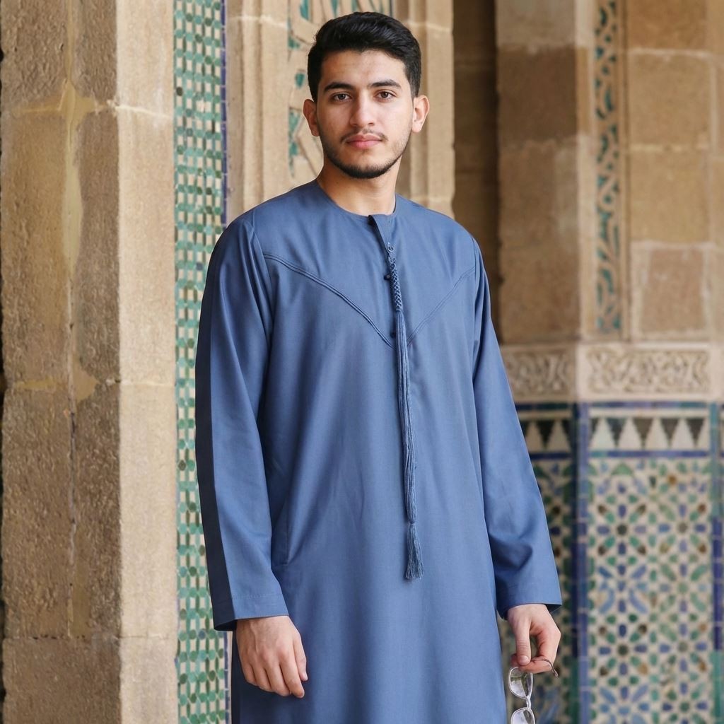 Men’s Blue Tassel Thobe Emirati Omani Jubba Islamic Clothing Zip Muslim String