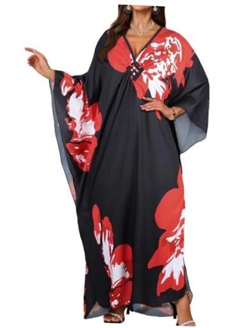 Kaftan Dresses for Women Plus Size V Neck Caftans Long Batwing Red Floral