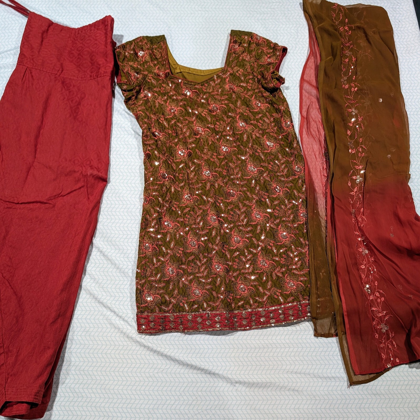 Pakistani Indian Shalwar Kameez Olive Green Maroon