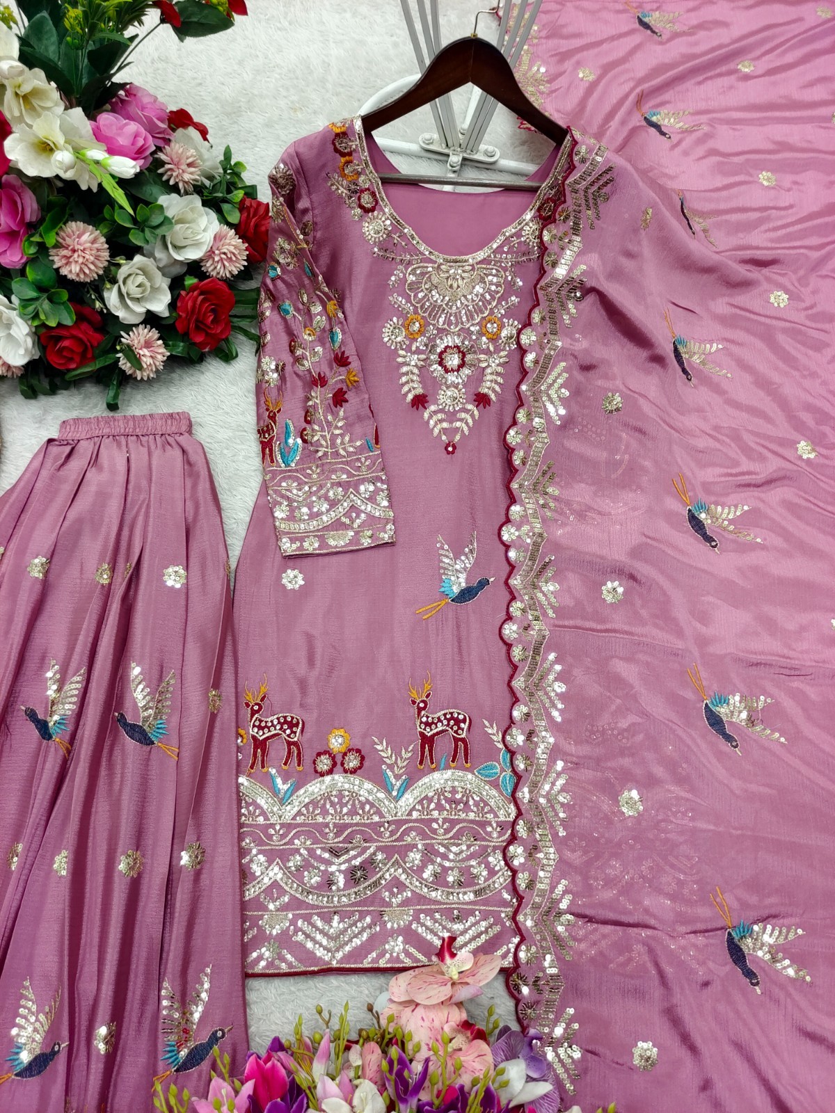 Beautiful Chinon Silk Pink Top Palazzo With Dupatta For Indian Wedding Wear