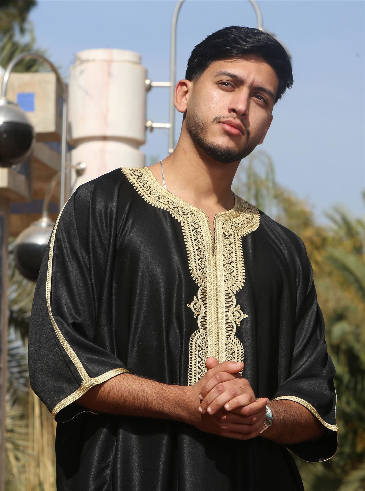 GG008 – Men’s Black Moroccan Thobe Gold Embroidery