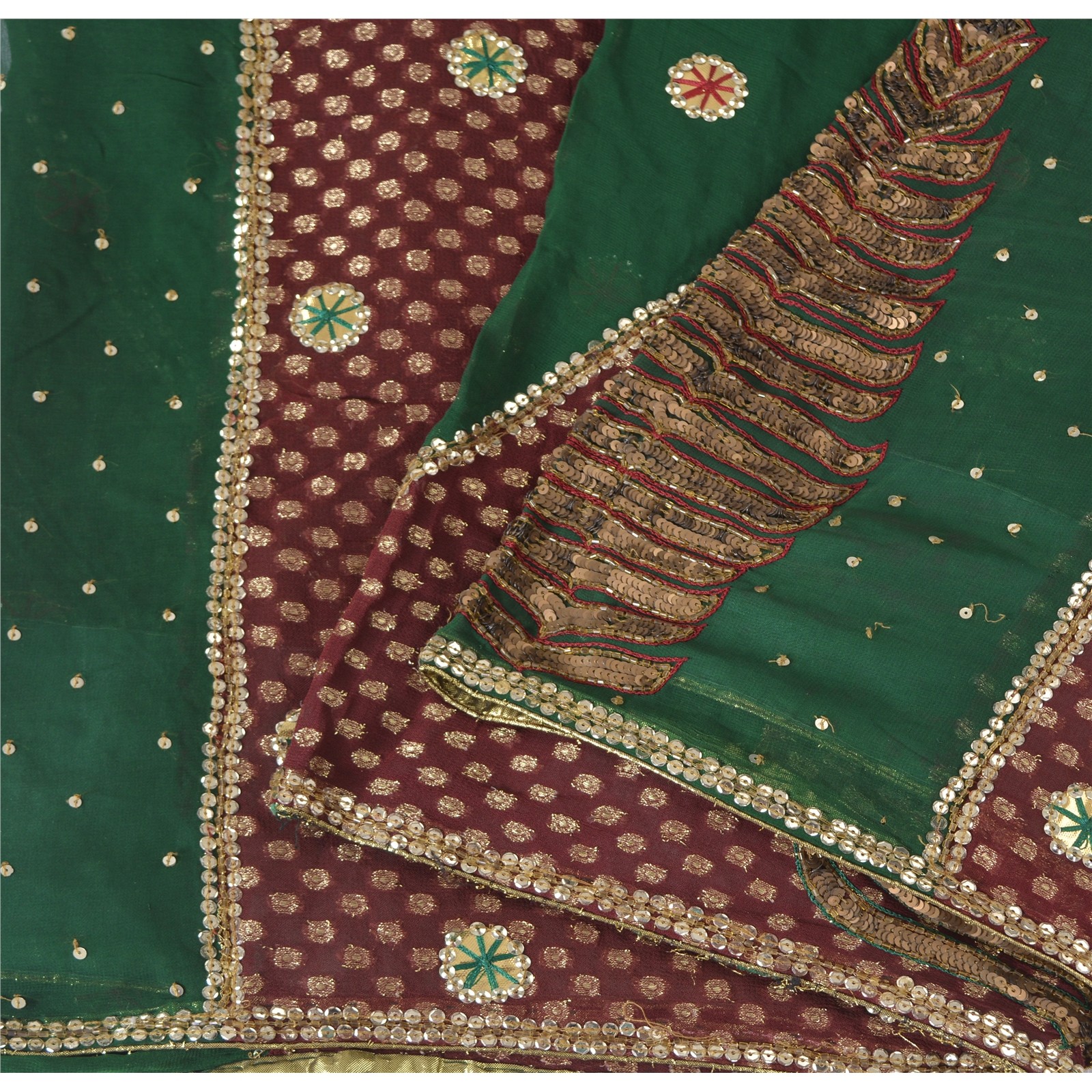 Sanskriti Vintage Green/Brown Sarees Pure Georgette Silk Hand Beaded Fabric Sari