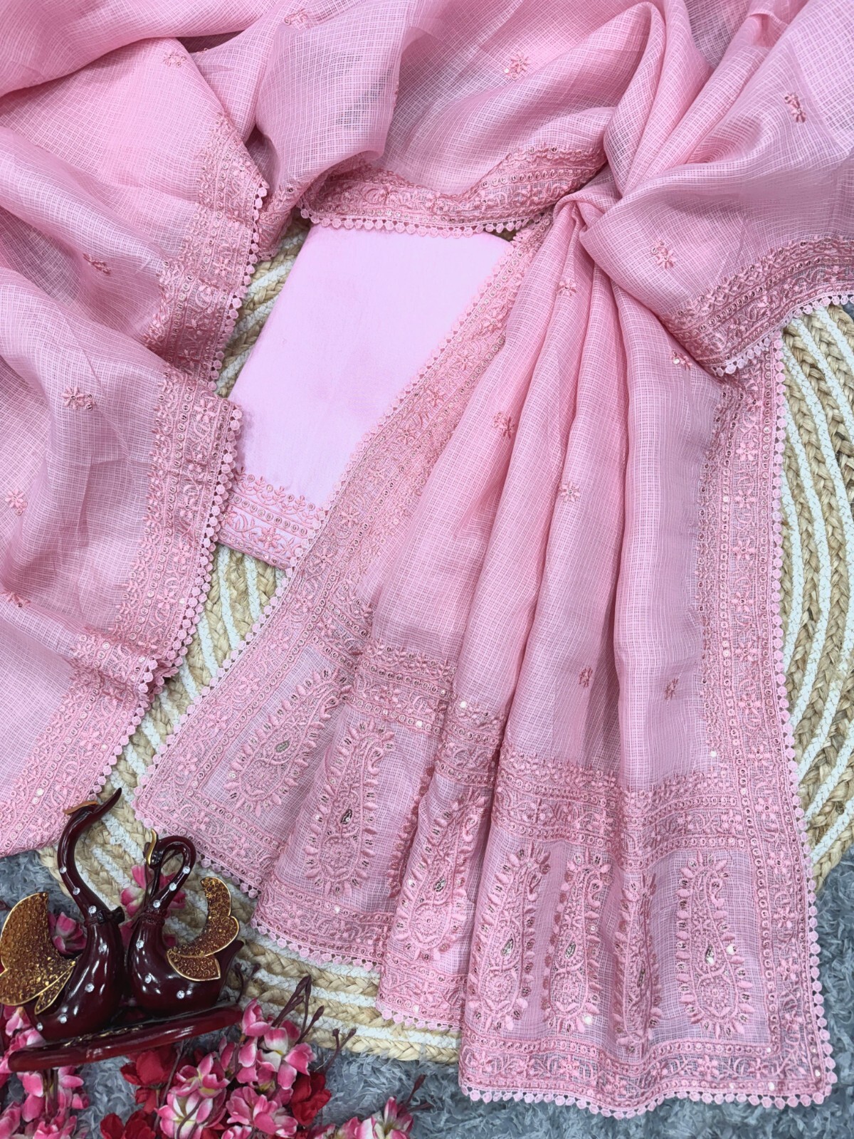 Beautiful pink kota chex sari, Indian festive sari with lace work, wedding sari