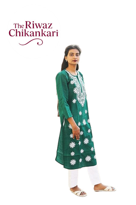 Green Chikankari Kurti for Women | Hand Embroidered Lucknowi Kurta