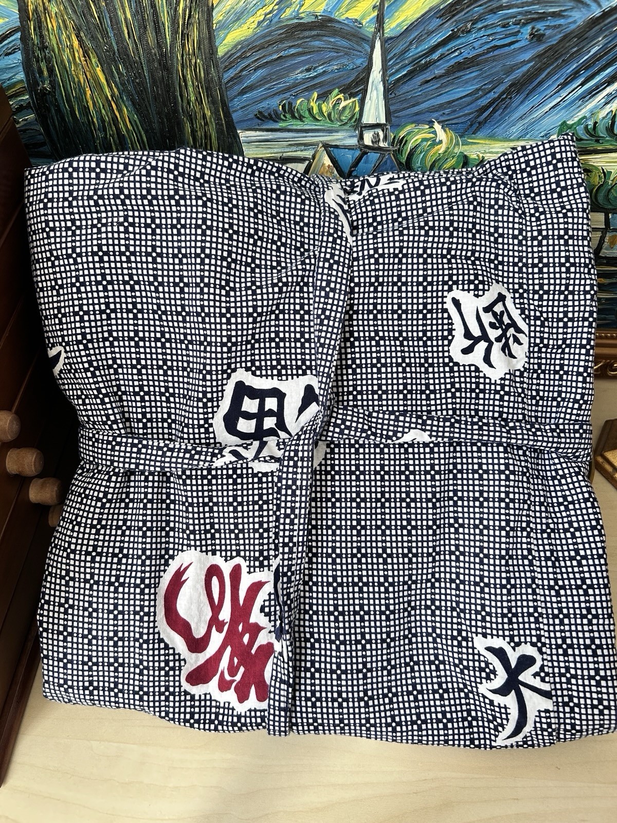 Unisex Adult Blue Cotton Woven Kimono Robe Kanji Print Size M