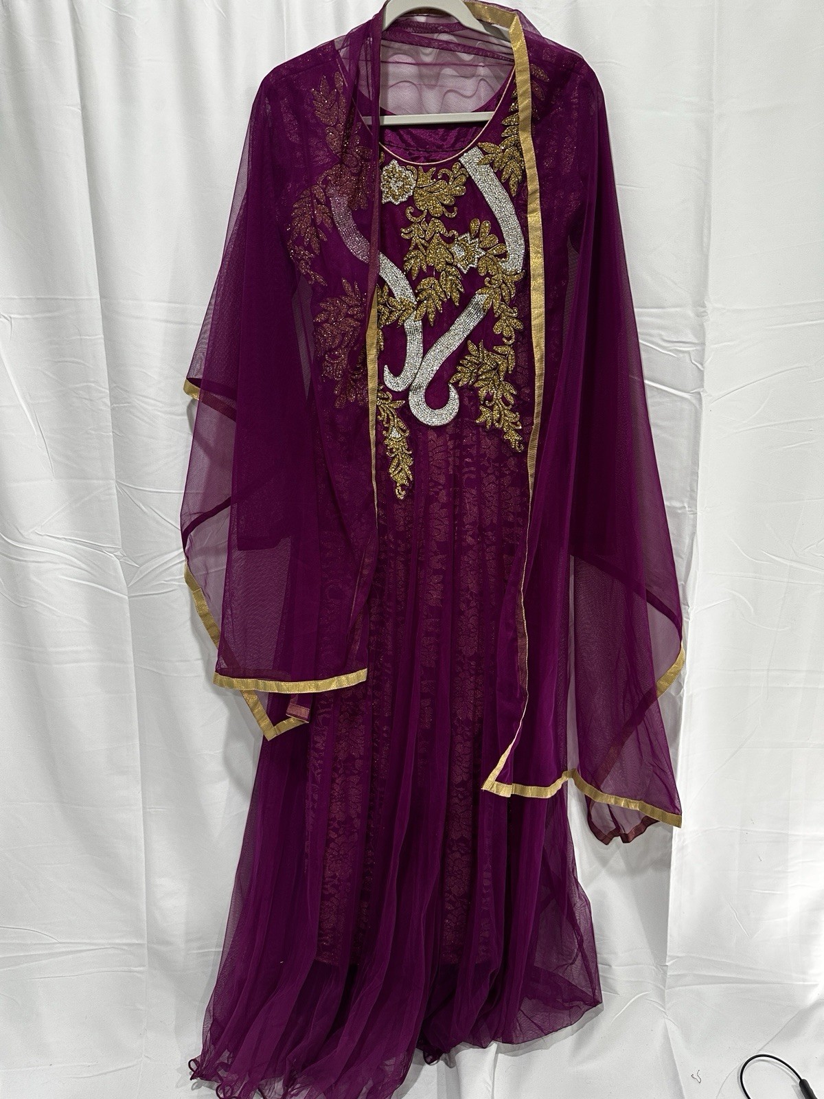 Embellished Anarkali Style Gown Purple Net Dress w/ Dupatta Gold SilverBeads 14”