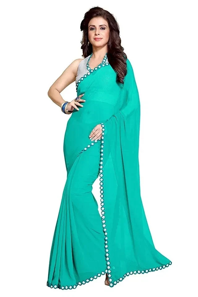 Women Georgette Designer Mirror Border work Plain Saree Blouse Turquoise 1 Pcs