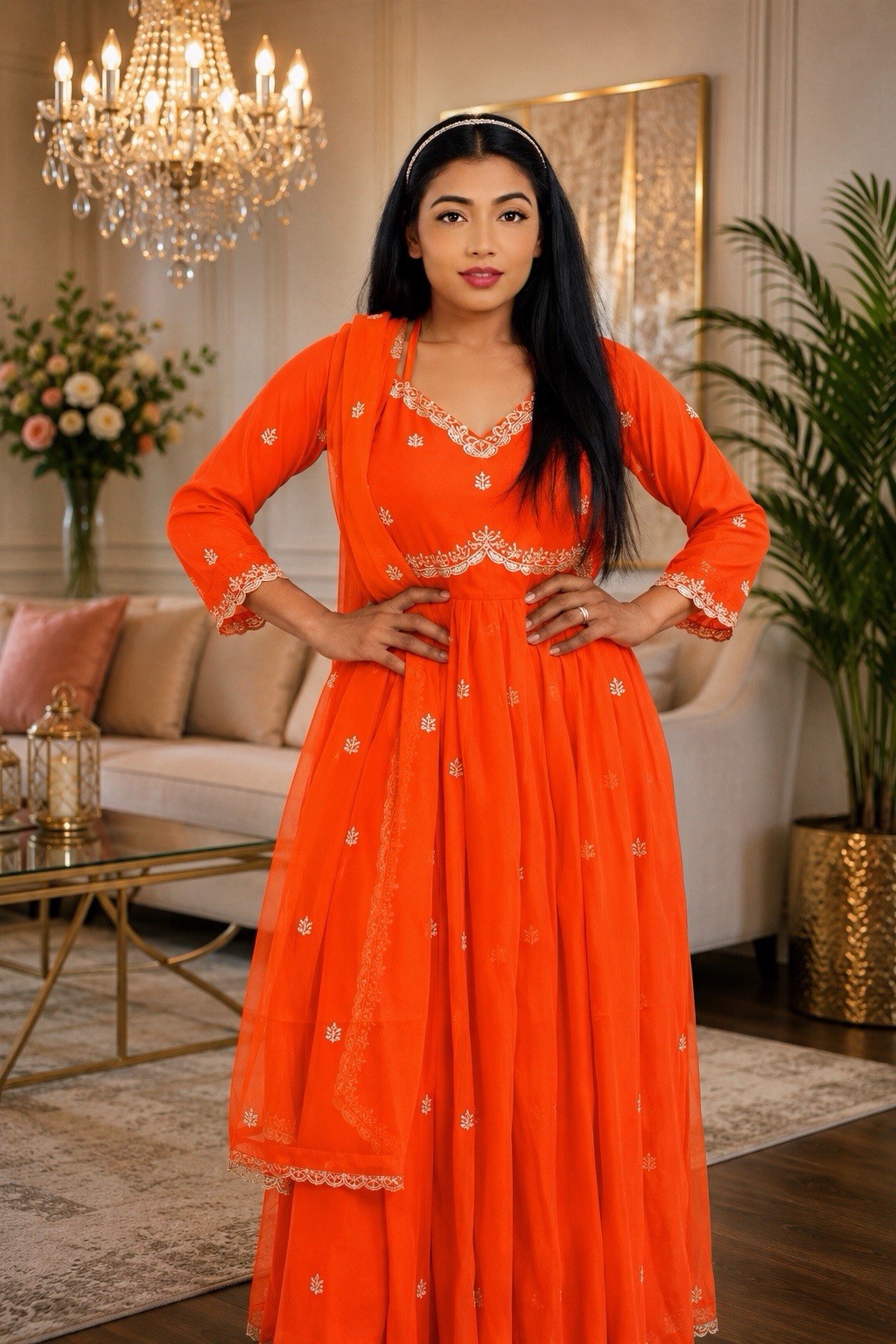 Orange Embroidered MaxiAnarkali Salwar Dupatta Bollywood Indian with Gold Detail